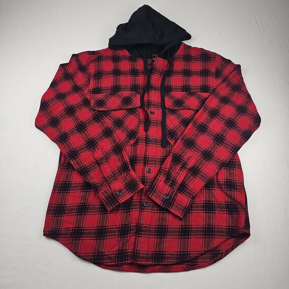 Original Use Mens Red Sweater Hooded Plaid Button Long Sleeve Size M